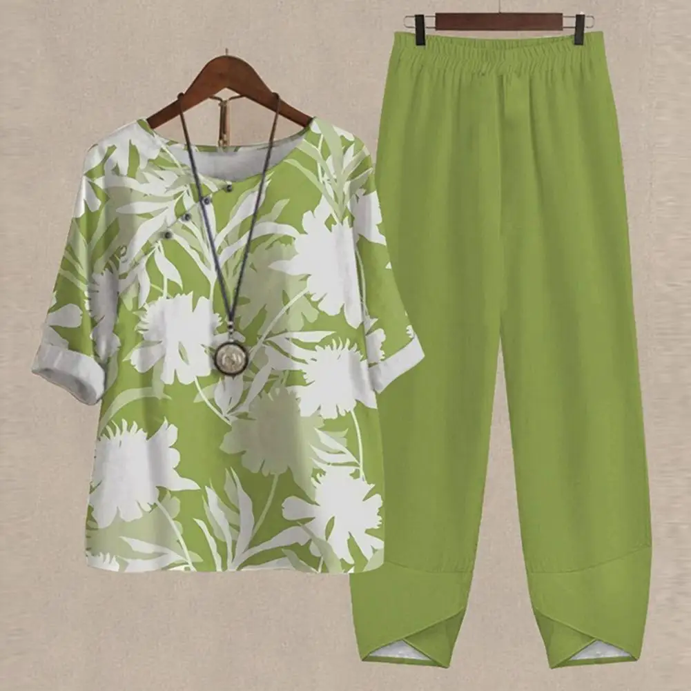 

Женский спортивный костюм из 2 предметов, Повседневный пуловер с круглым вырезом и рукавами до локтей из смеси хлопка с цветочным принтом, комплекты из топа и брюк, женский ский костюм