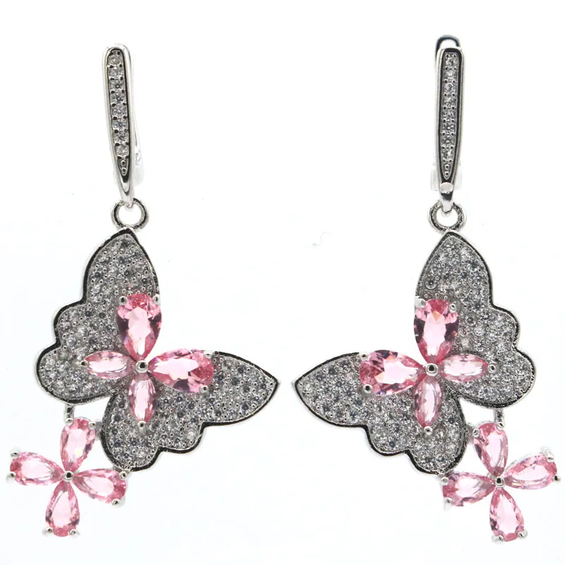 

47x21mm New Statement Butterfly Pink Morganite CZ For Females Daily Wear 925 Silver Earrings Wholesale Drop Shipping