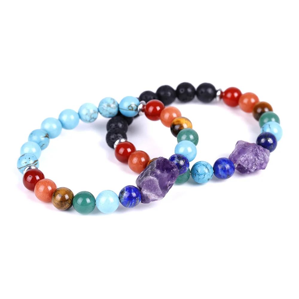 

Irregular Natural Amethyst Rough Stone Bracelet & Bangle For Women Men Lava Stone Colorful Rock Crystal Beaded Yoga Bracelet
