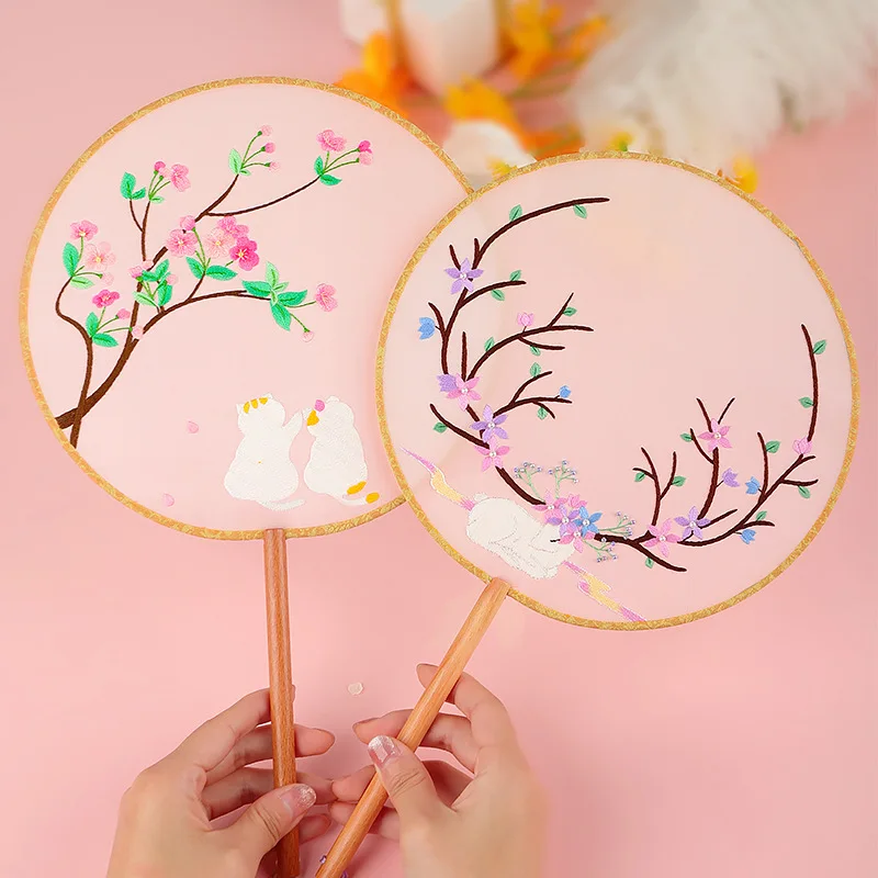 

Diy Manual Cross Stitch Fan Animals Embroidery Home Decor Pendant Antiquity Group Fans Needlework Organizer Material Package