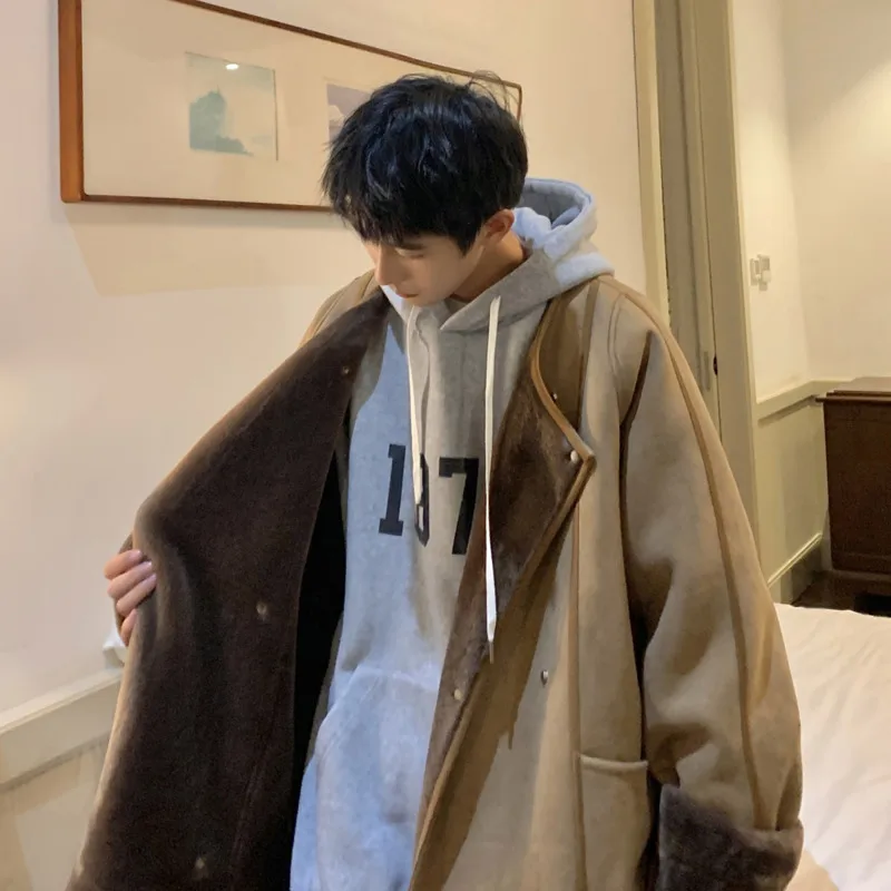 Winter Jacket Men Warm Fashion Retro Thicke Lamb Hair Jacket Mens Streetwear Korean Loose Short Coat Mens Thick Leather Jackets