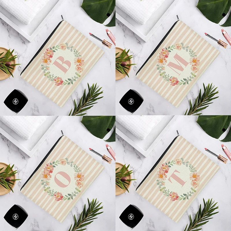 

Orange Pink Stripe Little Flower Wreath English Alphabets Linen Cosmetic Bag For Women Makeup Easy Carry Storage 15x22cm/18x25cm