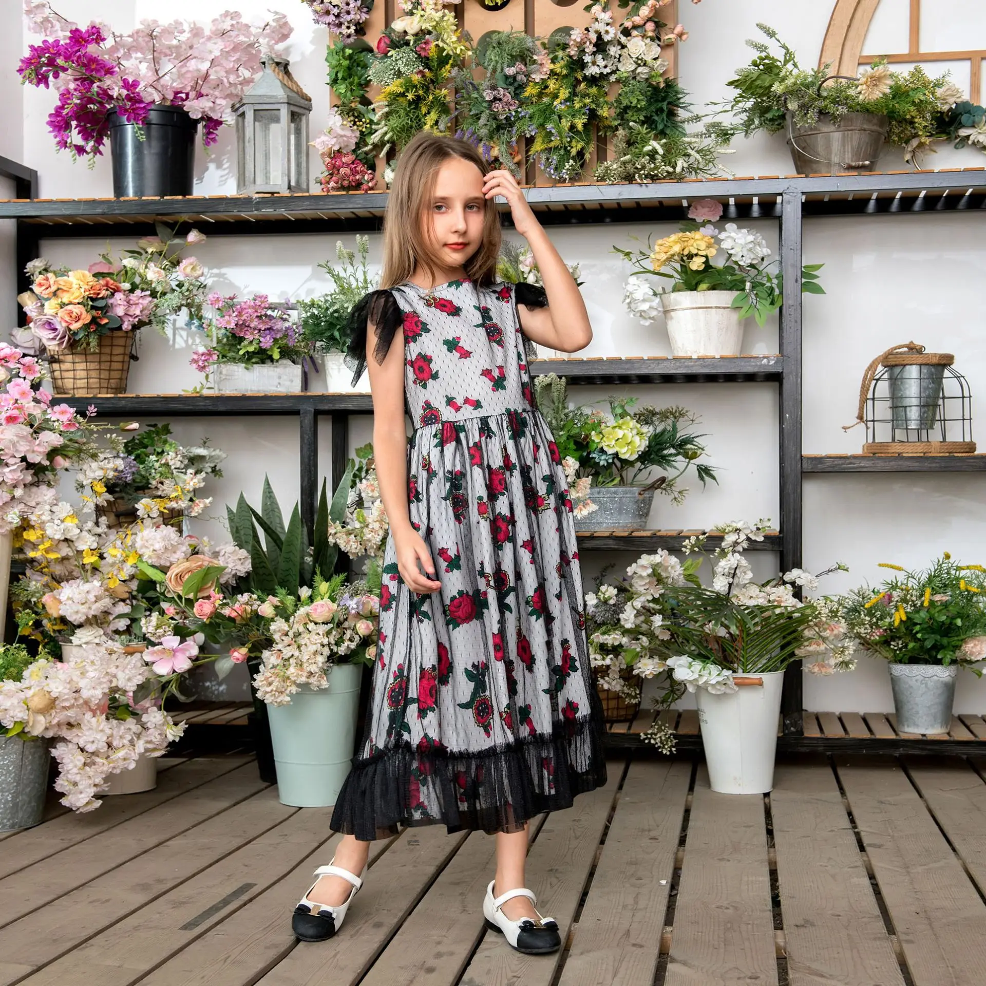 

Children Rose Floral Printed Princess Dress Muslim Girls Lace Mesh Long Dresses Ramadan Islam Kaftan Kids Short Sleeve Robe Gown