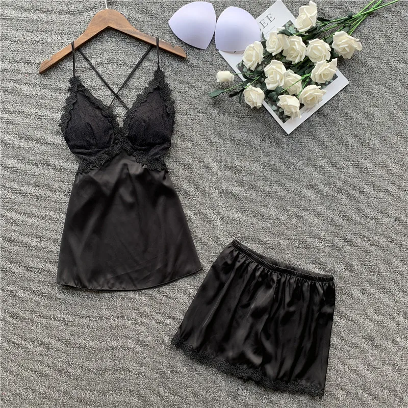 sexy women's lace & satin pajamas sets summer sleeveless sleepwear femme silk pijamas homewear lingerie with shorts