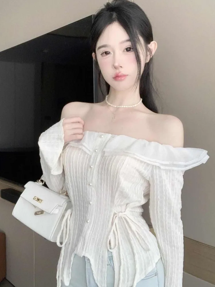 

Hikigawa 2023 Slash Neck Chic Fashion Blouse Sexy Off Shoulder Solid Elegant Sweet Shirt All Match Casual Blusas Mujer De Moda