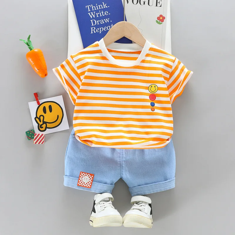 

Baby Boy Clothes Summer Fashion Smiling Face Outfits Striped Shirt+ Denim Shorts 2pcs/sets Infant Children Toddler Girl Clothing