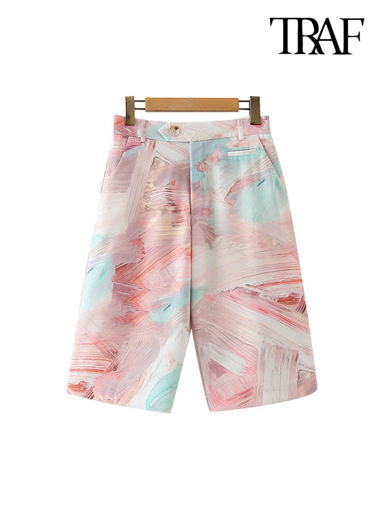 

TRAF Women Chic Fashion Graffiti Print Side Pockets Shorts Vintage High Waist Zipper Fly Female Short Pants Mujer