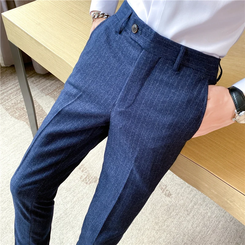

Мужские весенне-осенние новые модные деловые повседневные полосатые Костюмные брюки мужские однотонные прямые брюки мужские свободные хлопковые