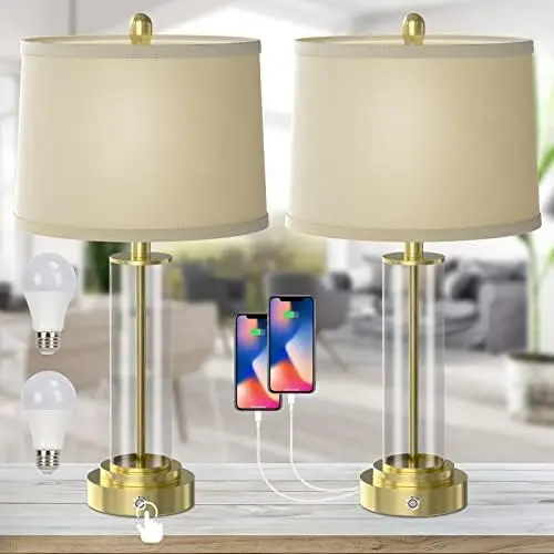 

H Table Lamps for Bedrooms Set of 2, 3-Level Dimmable Touch Control Lamps with 2 USB Ports, Modern Bedside Nightstand Lamps with