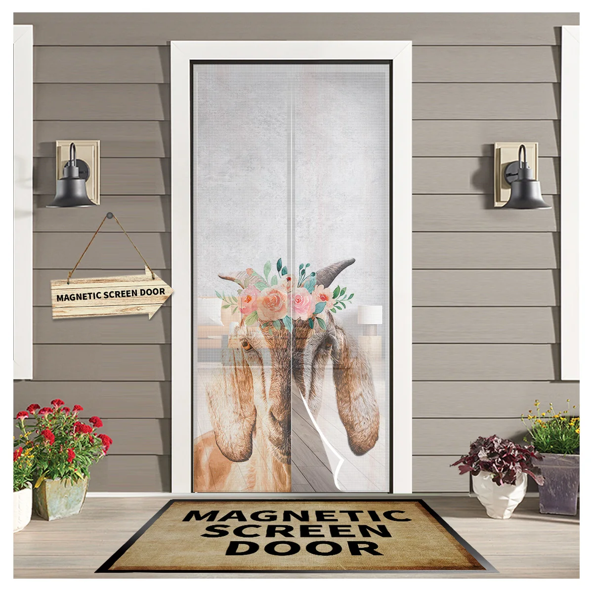 

Watercolor Goat Flower Summer Magnetic Mesh Mosquito Screen Door Curtain Anti-Mosquito Net Fly Insect Screen