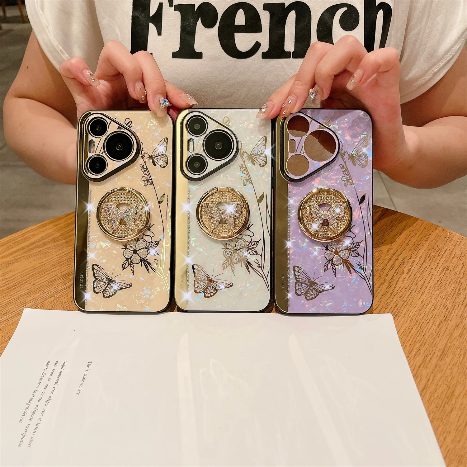 Чехол TYBOMB с кольцом-держателем в виде бабочки и цветка для Huawei Pura 70 Ultra/P70 Pro/P70 Pro Plus