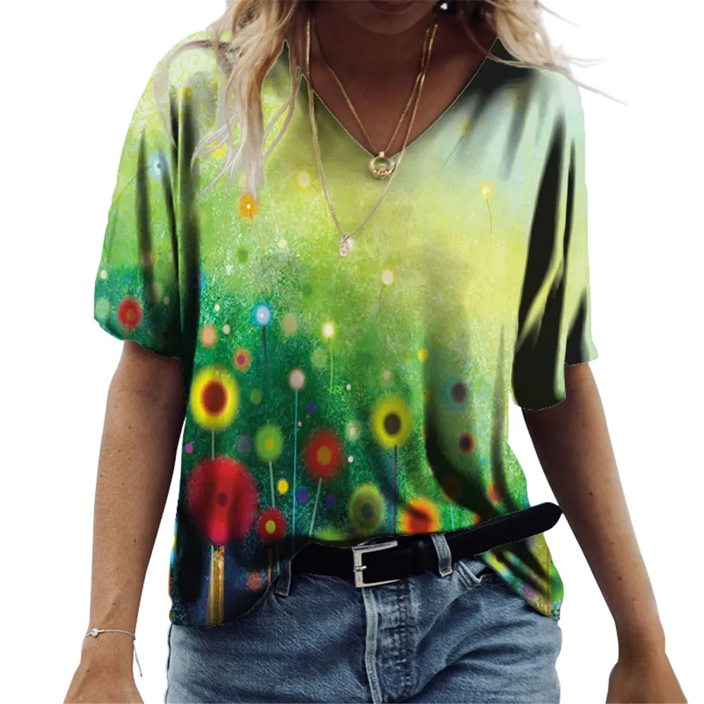 

T-shirt Women's Elegant Simple Color Flowers Print Casual V-Neck Short Sleeve Top Fashion Pullover Street T Shirt Ladies Tees