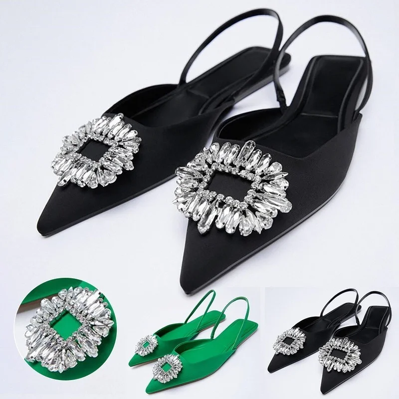 Plus Size Sandals for Women Heel Women Sandals 2022 Summer New Mules Fashion Crystal Pointed Toe Flat Shoes Woman Sandals Female