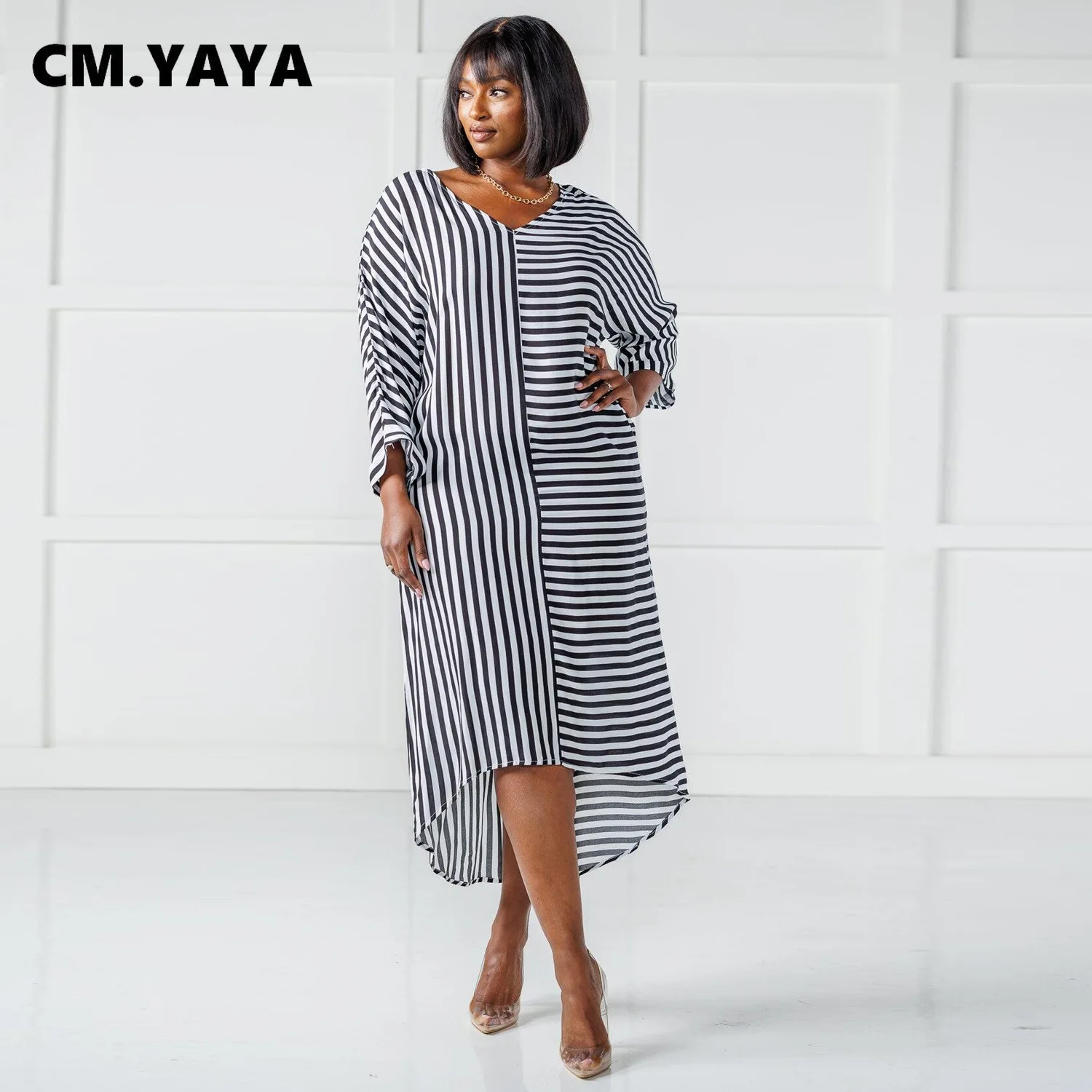 

Женское асимметричное платье макси CM.YAYA, Элегантное Длинное свободное приталенное платье в полоску с длинным рукавом и высоким разрезом, ве...