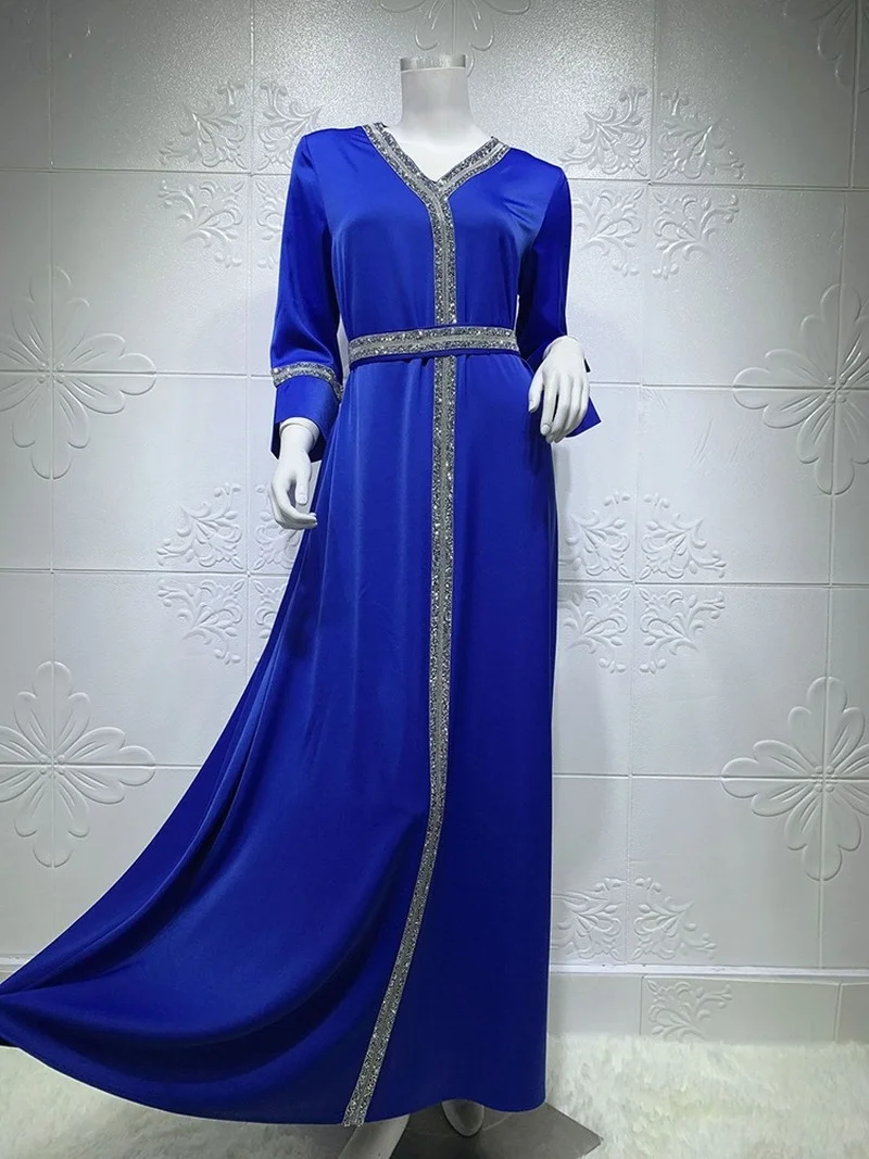 Eid Satin Abaya Dress Jalabiya for Women Elegant Diamonds Belt V Neck Muslim Kaftan Arabic Dubai Turkey Morrocan Clothing Blue