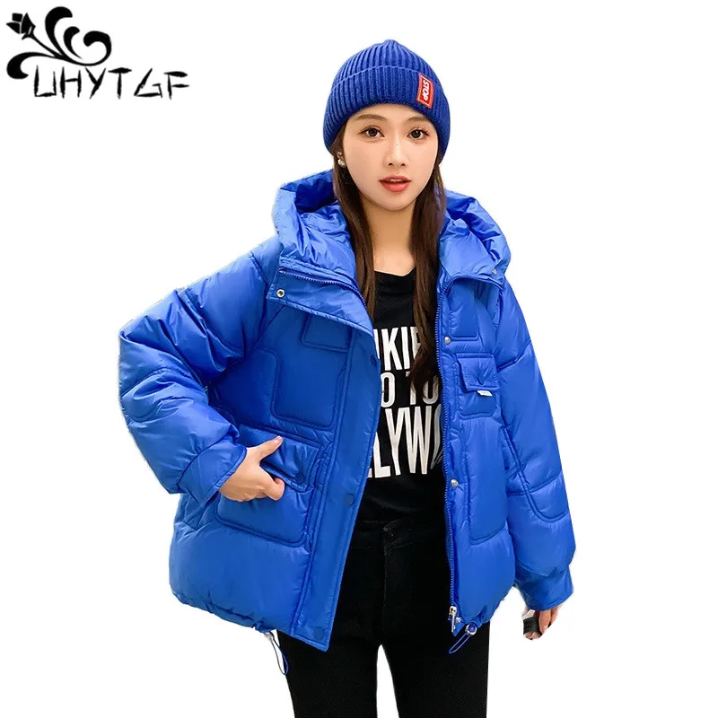 

UHYTGF Winter Coat Women Down Jacket Hooded Windproof Warm Parkas Overcoat Female Solid Thicken Casual Student Short Jacket 2167