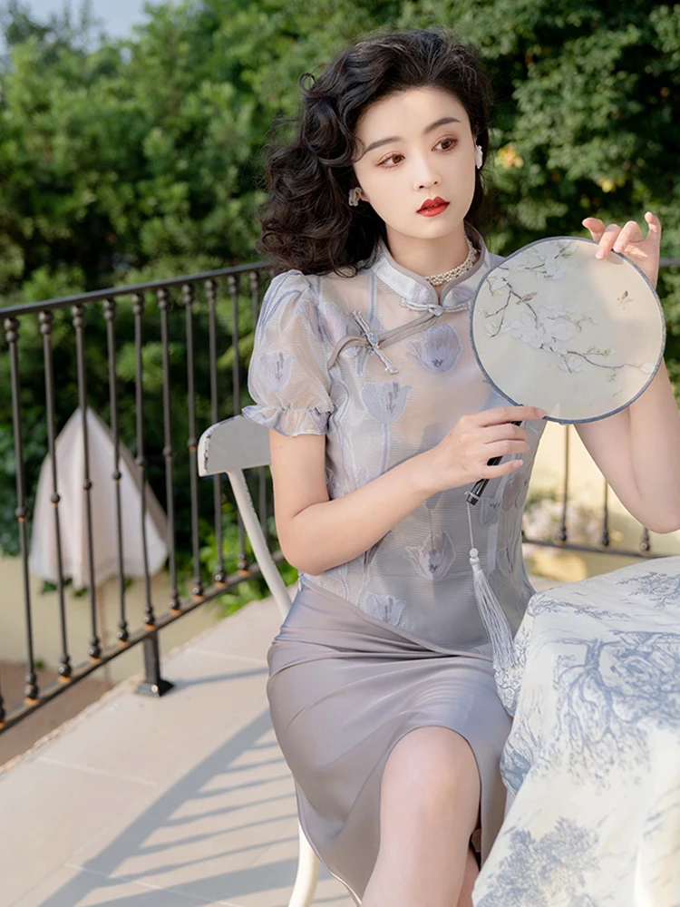 

Женское жаккардовое платье в китайском стиле, элегантное облегающее платье в китайском ретро-стиле с пуговицами, комплект из двух предметов, Новинка лета