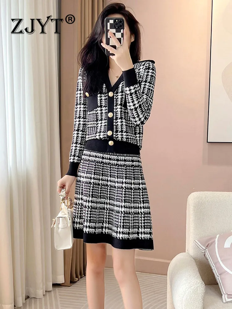 ZJYT Autumn Winter Knitted Dress Set 2 Piece for Women Korean Style Long Sleeve Plaid Sweater and Skirt Suit Casual Outfit Black