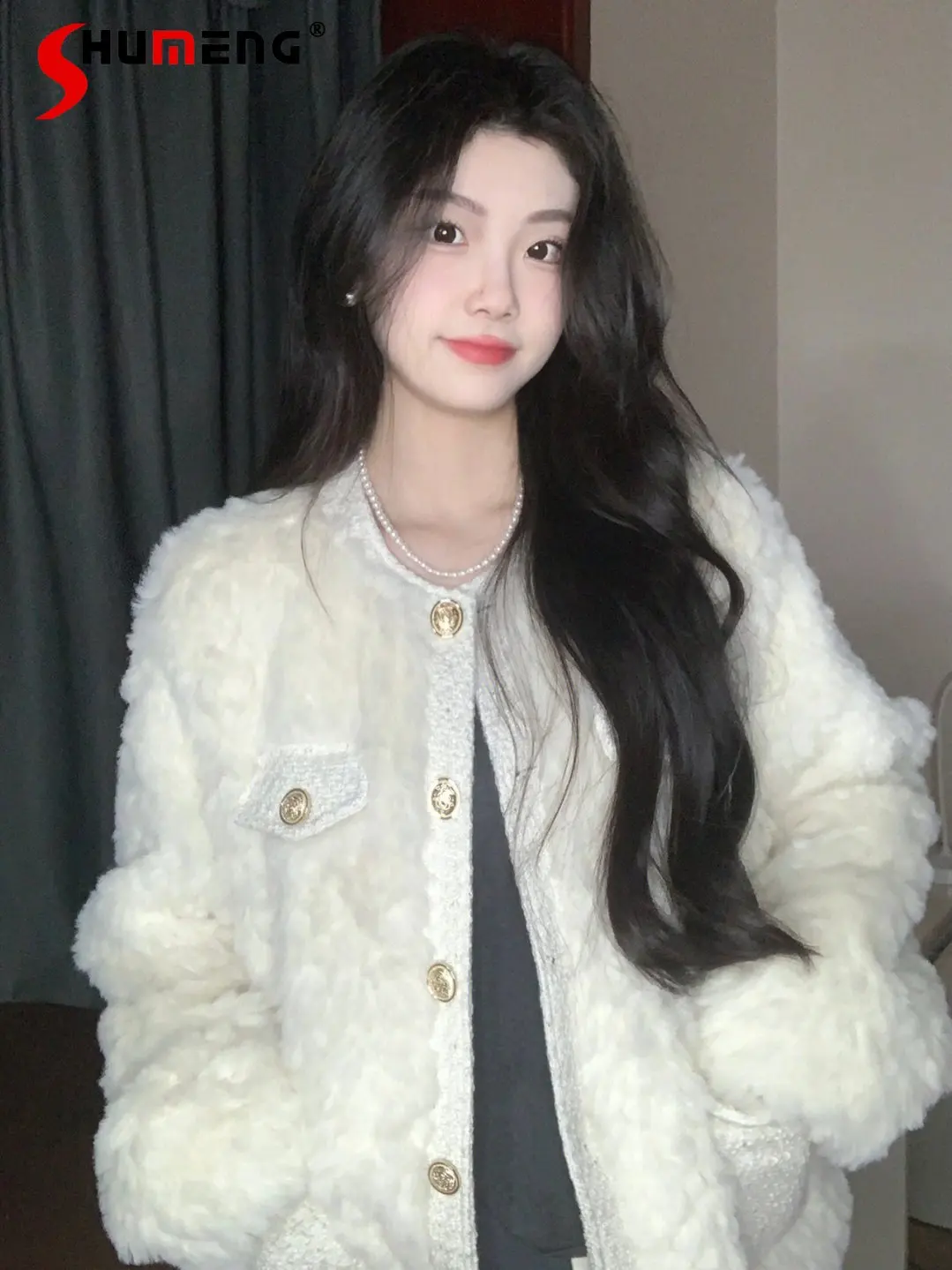 2022 Autumn and Winter White Lamb Fur Luxury Fur Coat Women Thick Warm Snow Wear Round Neck Rabbit Fur Korean Fur Jacket Casacos