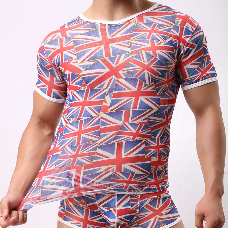 

Men Mesh Short Sleeves Summer National Flag Print Transparent Hombre Man Print Sexy Fitness Undershirt Tight Fitting T-shirt
