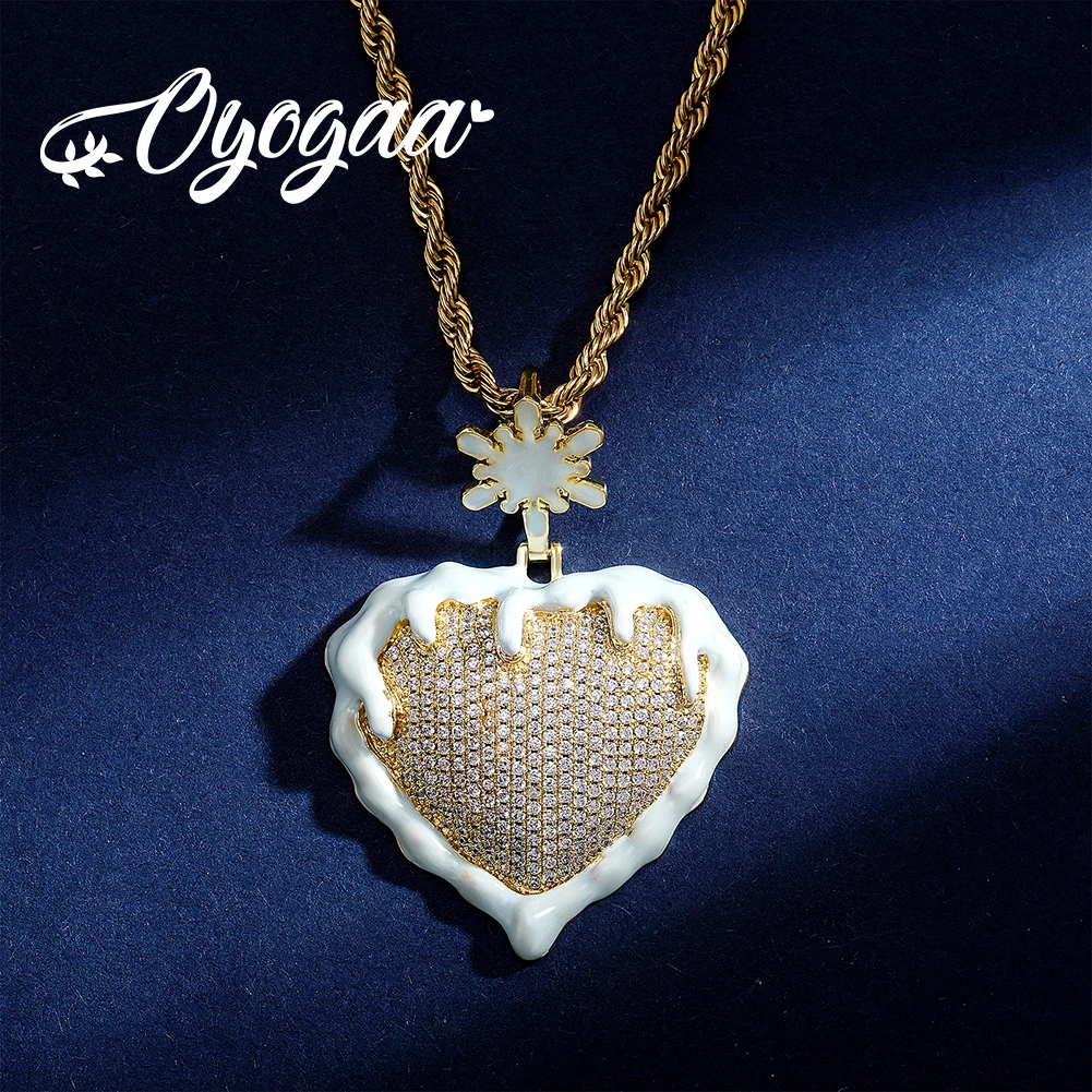 

OYOGAA Hip Hop Glow in the Dark Frozen Heart Pendant Necklace For Men Women Iced Full Micro Pave CZ Fluorescent Pendant Jewelry