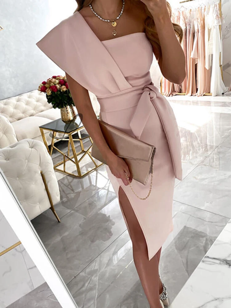 

Women Slim Tie-Up Simple Solid Midi Dress Office Lady Elegant Commute Slit Dress Summer Sexy Slanted Shoulder Party Dress Mujer