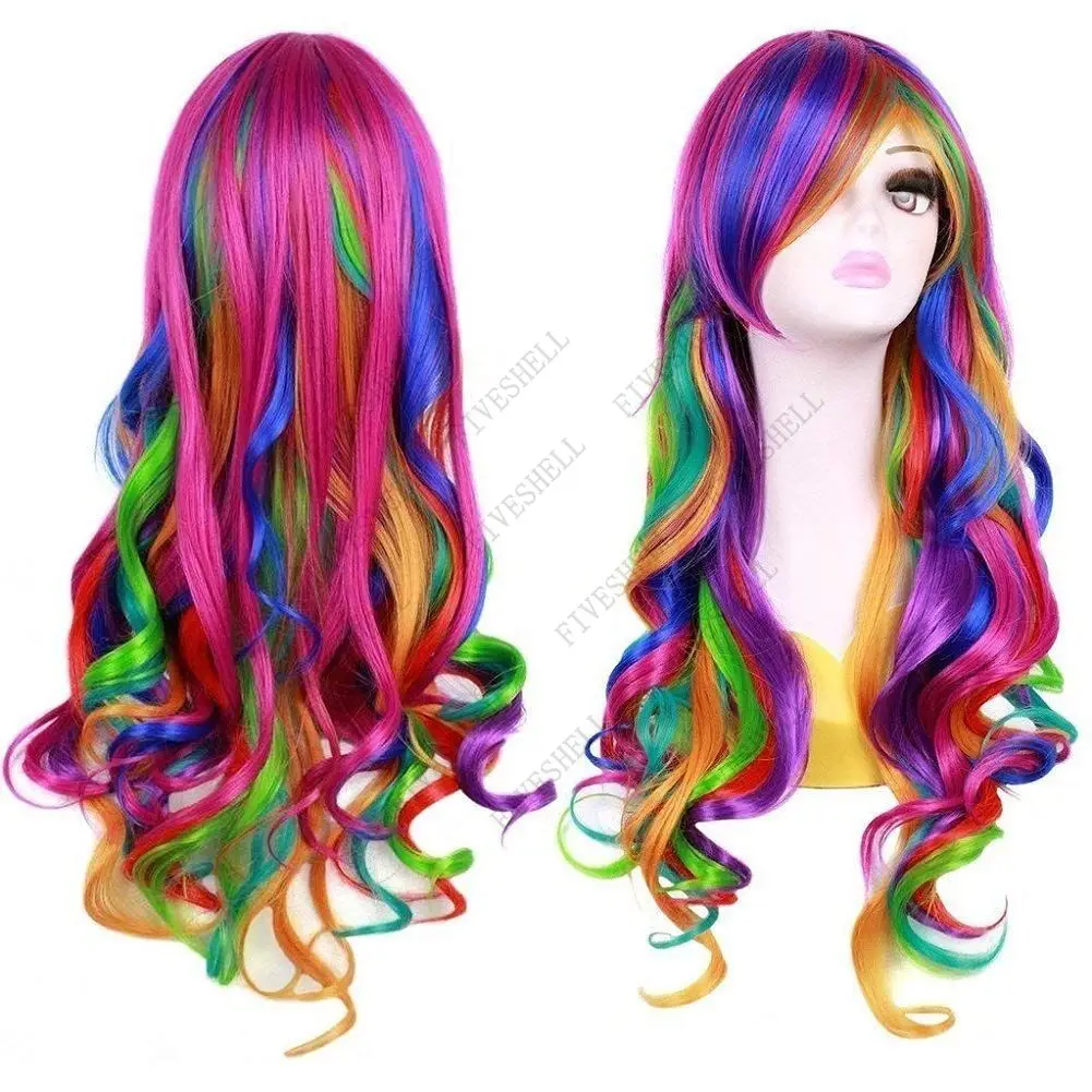 Women Multi Color Wigs Halloween Party Clown Wear Anime Harajuku Style Rainbow Curly Synthetic Hair Party Costume Lolita Wig