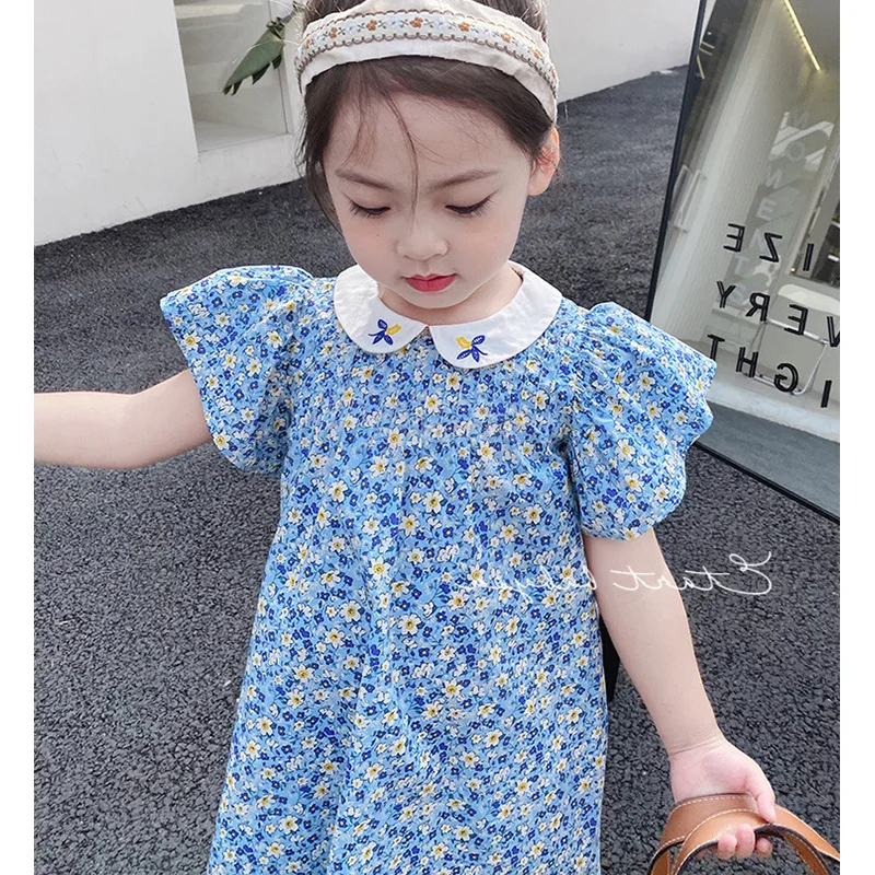 

Summer 2022 New Arrivals Girls Cotton Sleeveless O Neck Floral Blue Cute Designer Elegant Evening Party Girl Dresses 4-7T