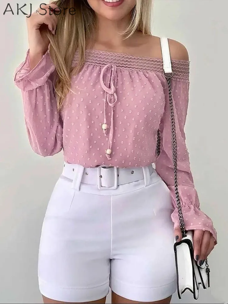 

Off Shoulder Jacquard Lace Dot Decor Long Sleeve Chiffon Blouse Top