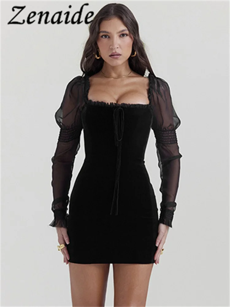 

Zenaide 2023 Velvet Frilly Long Sleeve Bodycon Dress Square Neck Mini Backless Women See Through Mesh Sexy Dresses Winter