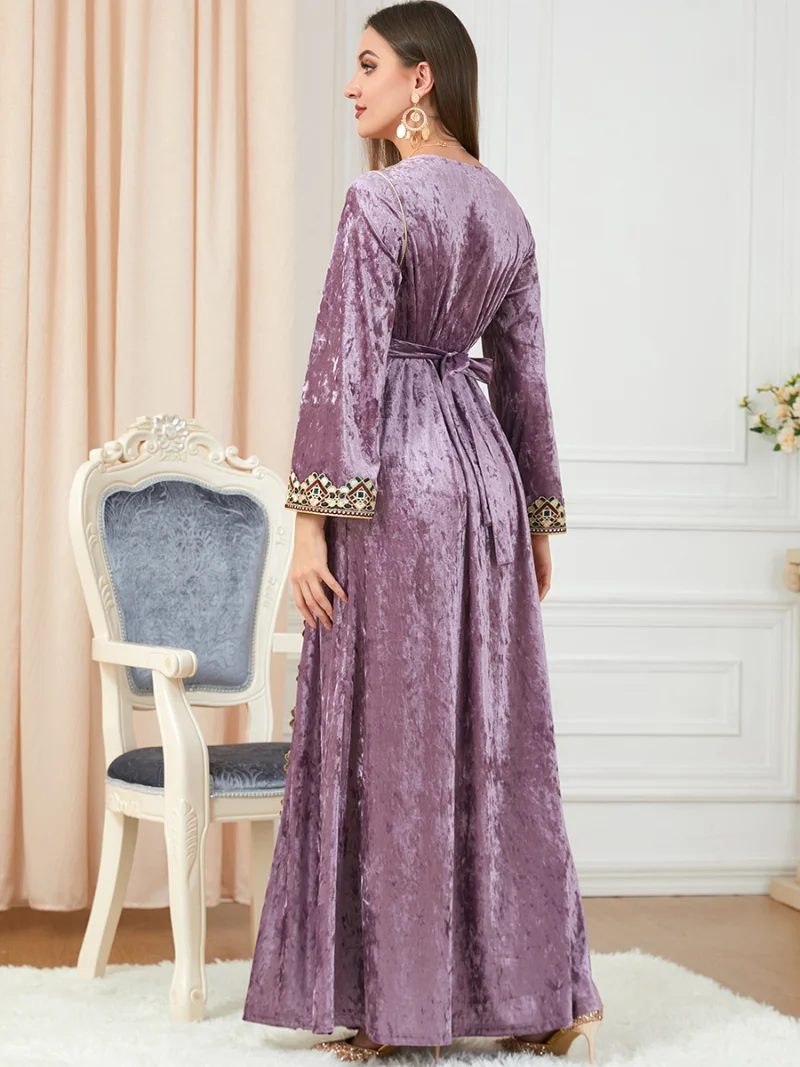 Floral Embroidery Guipure Lace Panel Belted Dress Moroccan Caftan Woman Luxury Velvet Abayat Turkey Muslim Abaya  Dubai