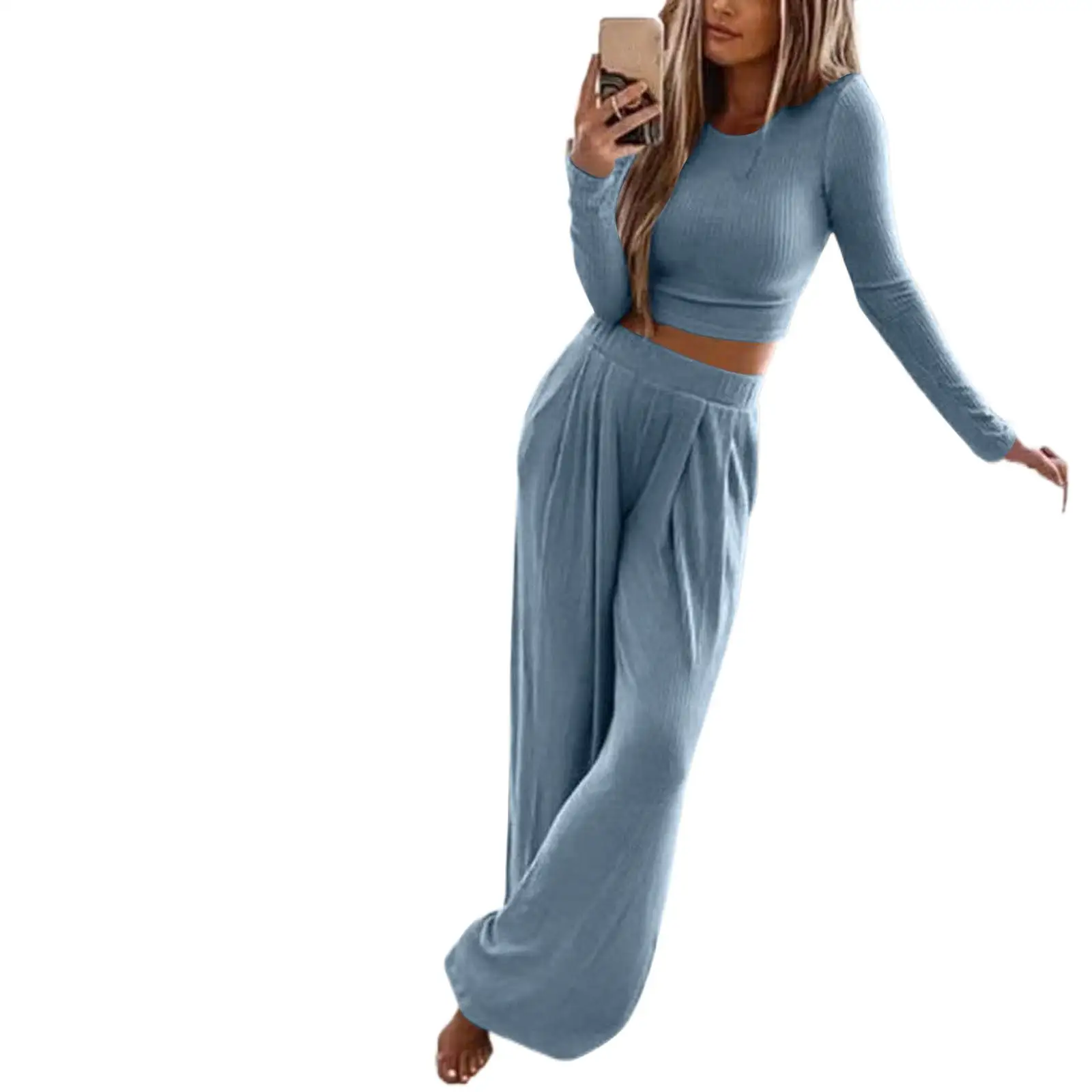 

2022 Autumn/winter New Women's Solid Color Knitted Leisure Home Two-piece Suit