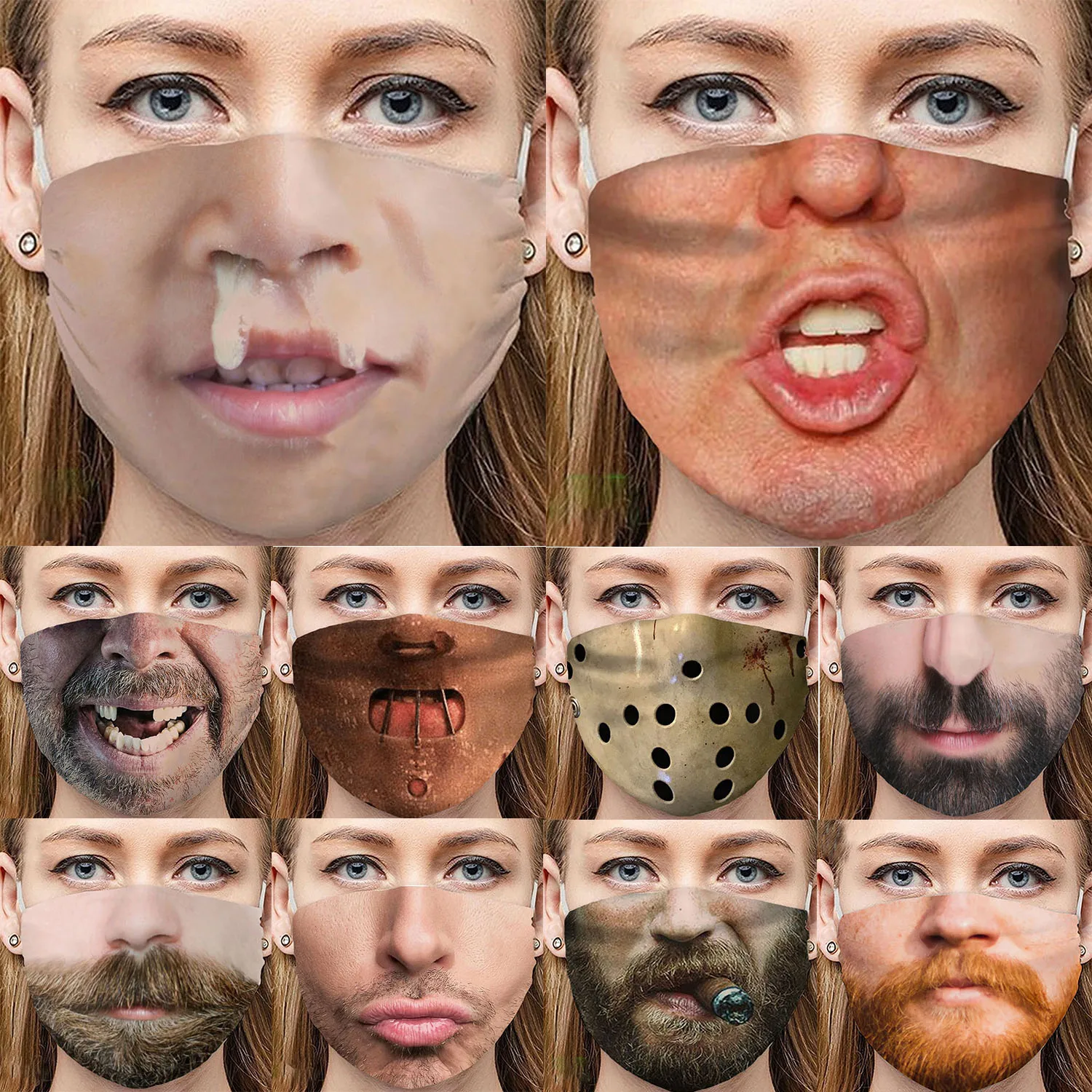

3D Printing Halloween Adult Masks Cosplay Bane Hannibal Beard Half Face Pig Mouth Dustproof Washable Women Men Funny Accessories