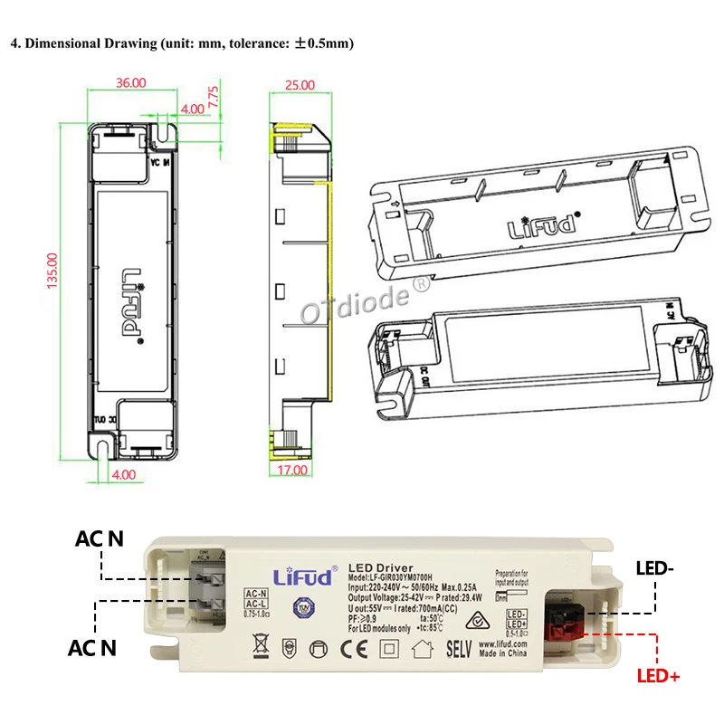 Фото Драйвер Lifud Φ/33-40V 800mA 900mA 1000mA 1050mA 1200mA 1300mA 1400mA 1500mA 40W50w 60W LF-GIRxxxYS Series Transformer №2