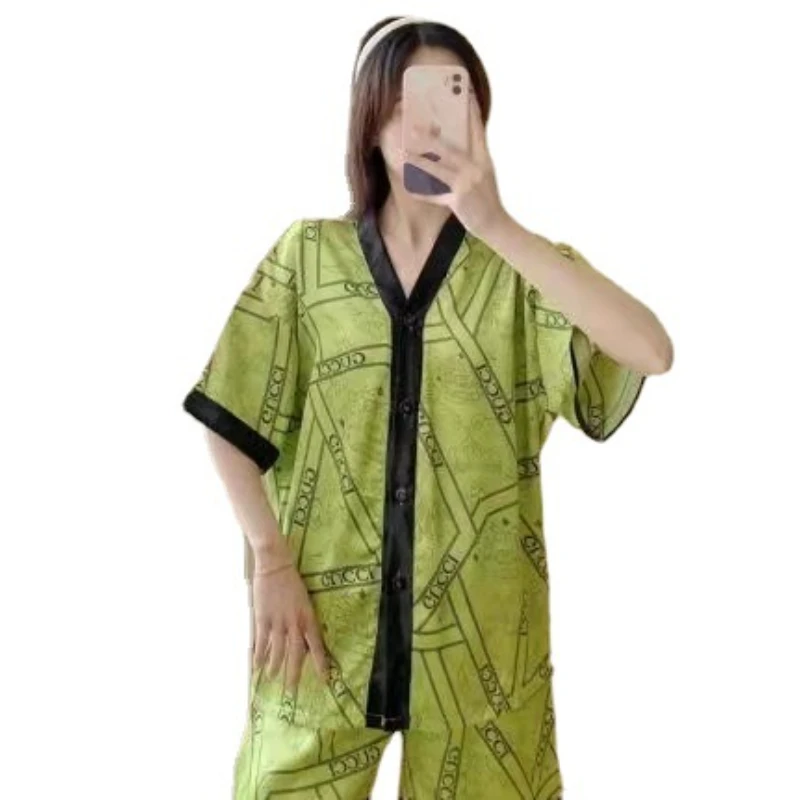 New Summer Pajamas for Women's Japanese and Korean Style Thin Short-sleeved Cardigan Trousers Suit Comfortable Home Service Suit