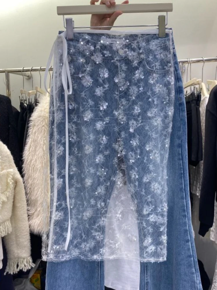 Летняя прозрачная Милая блестящая женская юбка в стиле Харадзюку кружевная