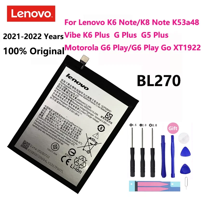 

NEW2023 100% Original For Lenovo K6 K8 Note K53a48 Vibe K6 G G5 Plus 4000mAh BL270 Battery For Motorola Moto G6 Play XT1922 Bate