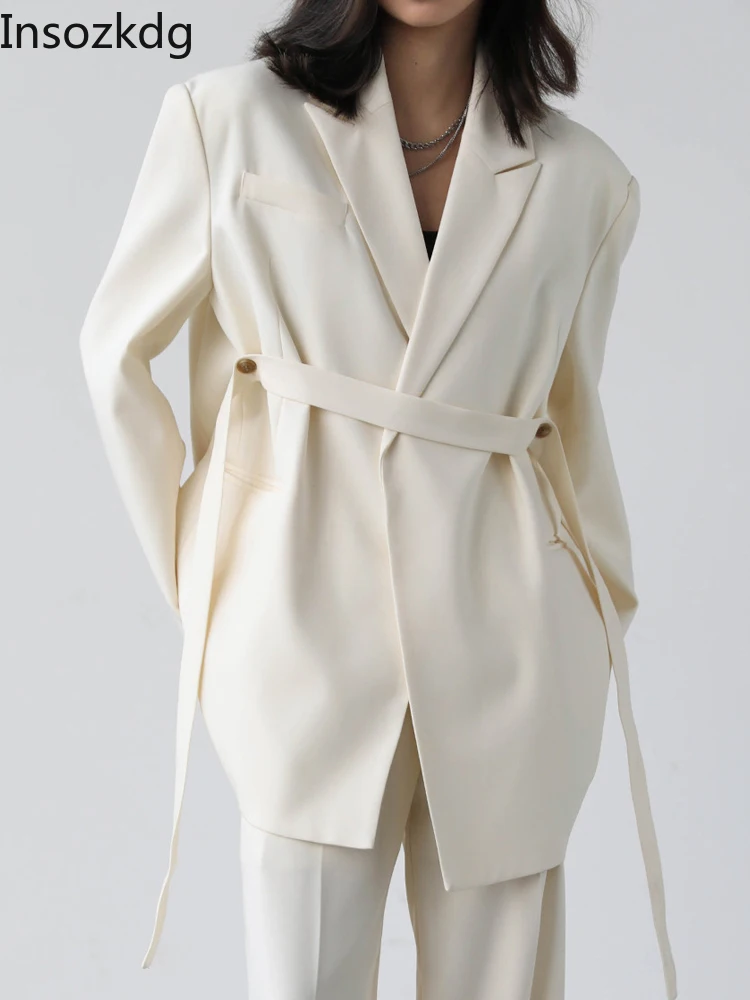 

Insozkdg Women Blazer Design Wide Shoulder Ribbon Solid Women's Medium Long Coat Plus Size Office Lady Female Spring Autumn 2022