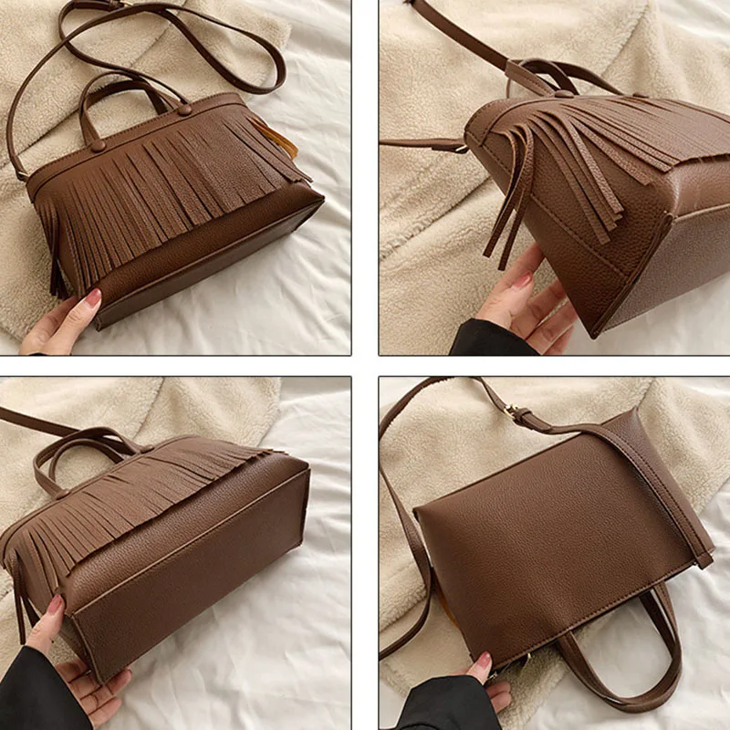 Personalized Tassel Tote Handbag Solid Color Leather Fashion Retro Single-Shoulder Crossbody Bag Simple Portable Storage Satchel