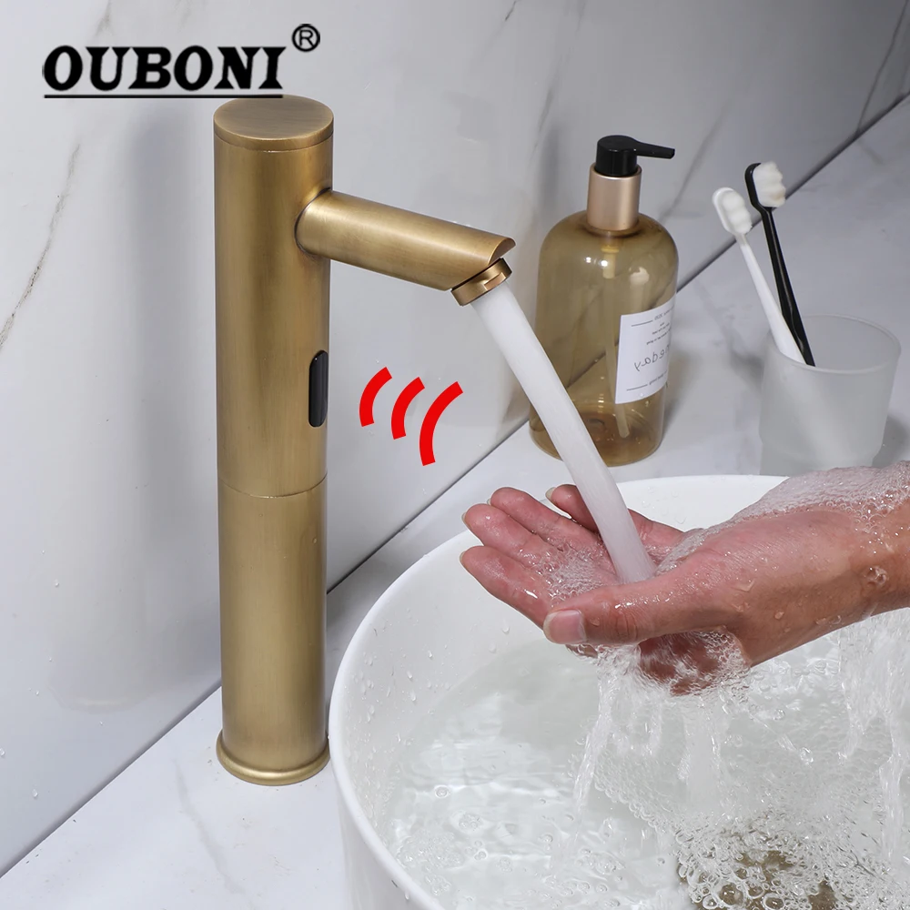 OUBONI сенсорный смеситель для ванной комнаты, античный латунный автоматический Индуктивный смеситель, Бесконтактный смеситель из твердой латуни, смесители для горячей и холодной воды
