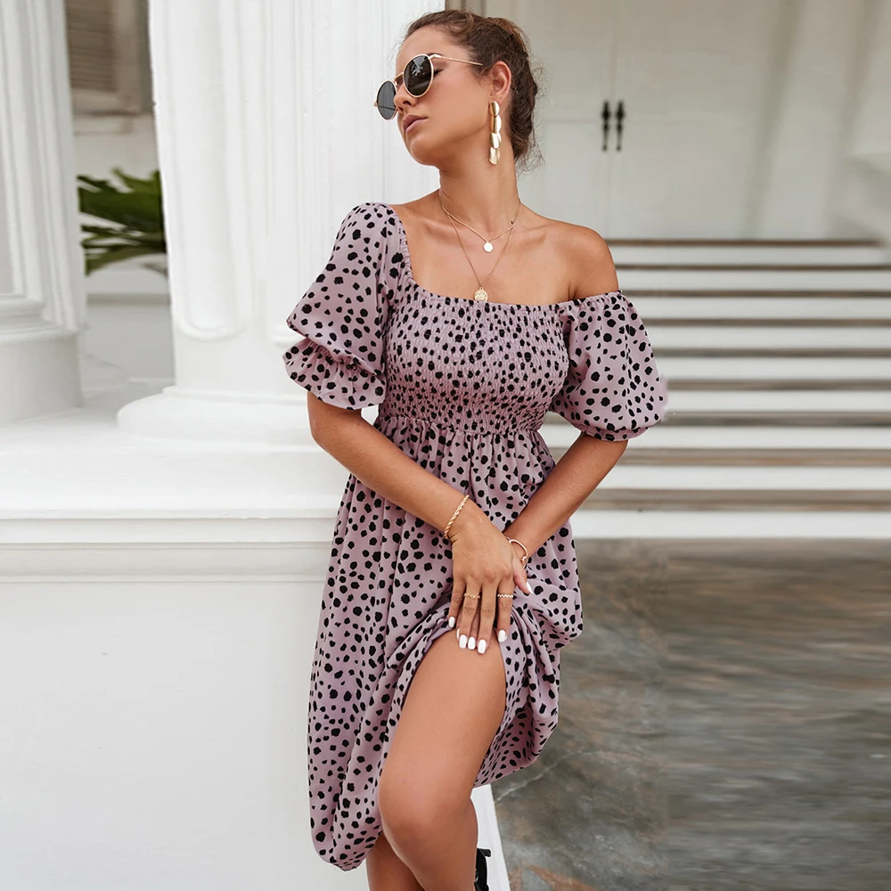 

Vintage Dresses For Women 2022 Fashion Summer Polka Dot Square Collar Midi Dress Holiday Beach Style Sundress Vestidos De Mujer