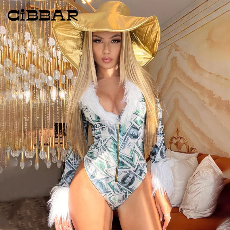 

CIBBAR Club Wear Feather Patchwork Bodysuit Fashion Printing Aesthetic Street Rompers Fall Sexy Deep V Neck Cleavage Overalls