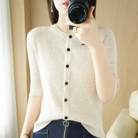 summer new simple solid color knitted cardigan slim short sleeved bottoming shirt foreign style ladies top