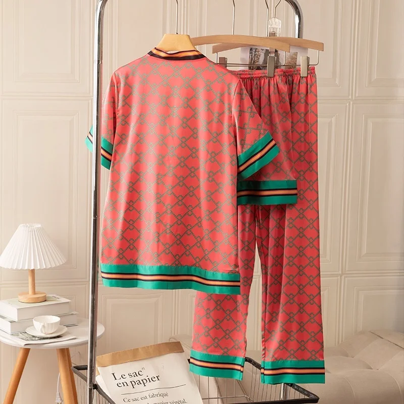 Lisacmvpnel 3 Pcs Suit Printed Pajamas Women's Spring Summer Ice Silk Sexy Short Sleeve Set Pyjamas