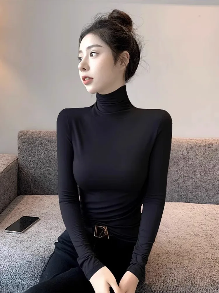 Женская Модальная черная водолазка новинка на весну/Осень/зиму Облегающая