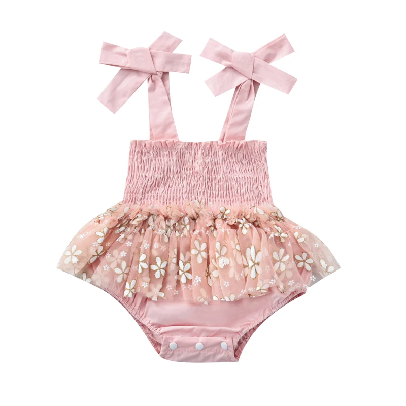 

Baby Girl’s Tie-up Suspender Romper Fashion Mesh Yarn Stitching Skirt Triangle Jumpsuits