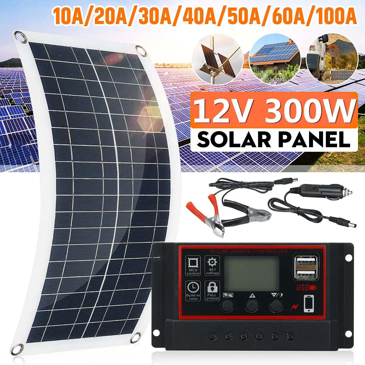 

300W Solar Panel Kit 12V USB charging Solar Cell Board Controller Portable Waterproof Solar Cells for Phone RV Car MP3 PAD