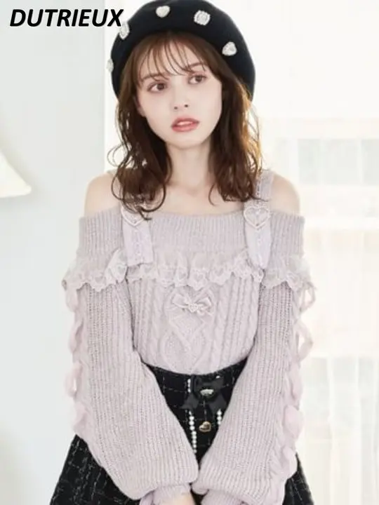 

Japanese Lolita Knitted Sweater Top Women 2023 Spring Sweet Lace Off-the-Shoulder Heart Shape Rhinestone Bow Suspenders Sweaters