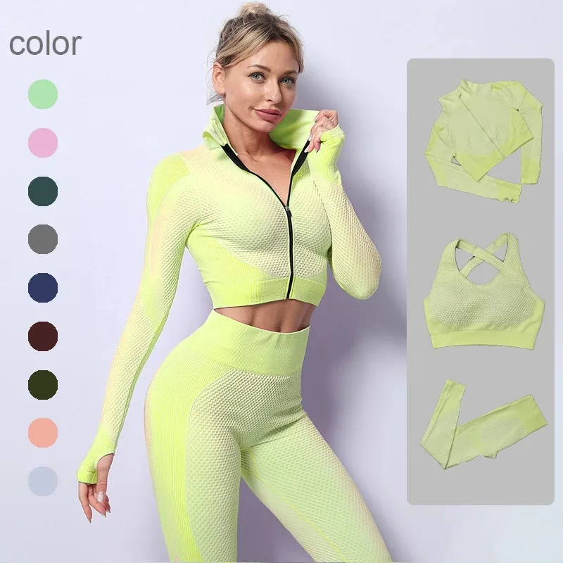 

2/3 Piece Seamless Women Yoga Set Gym Clothing Long Sleeve Crop Top High Waist Leggings Workout Sportswear Fitness Sport Suit