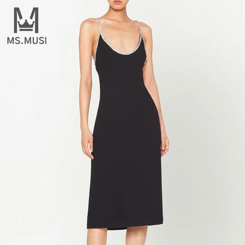 

Новинка 2023, модное женское сексуальное платье-миди на бретелях с открытой спиной и кристаллами